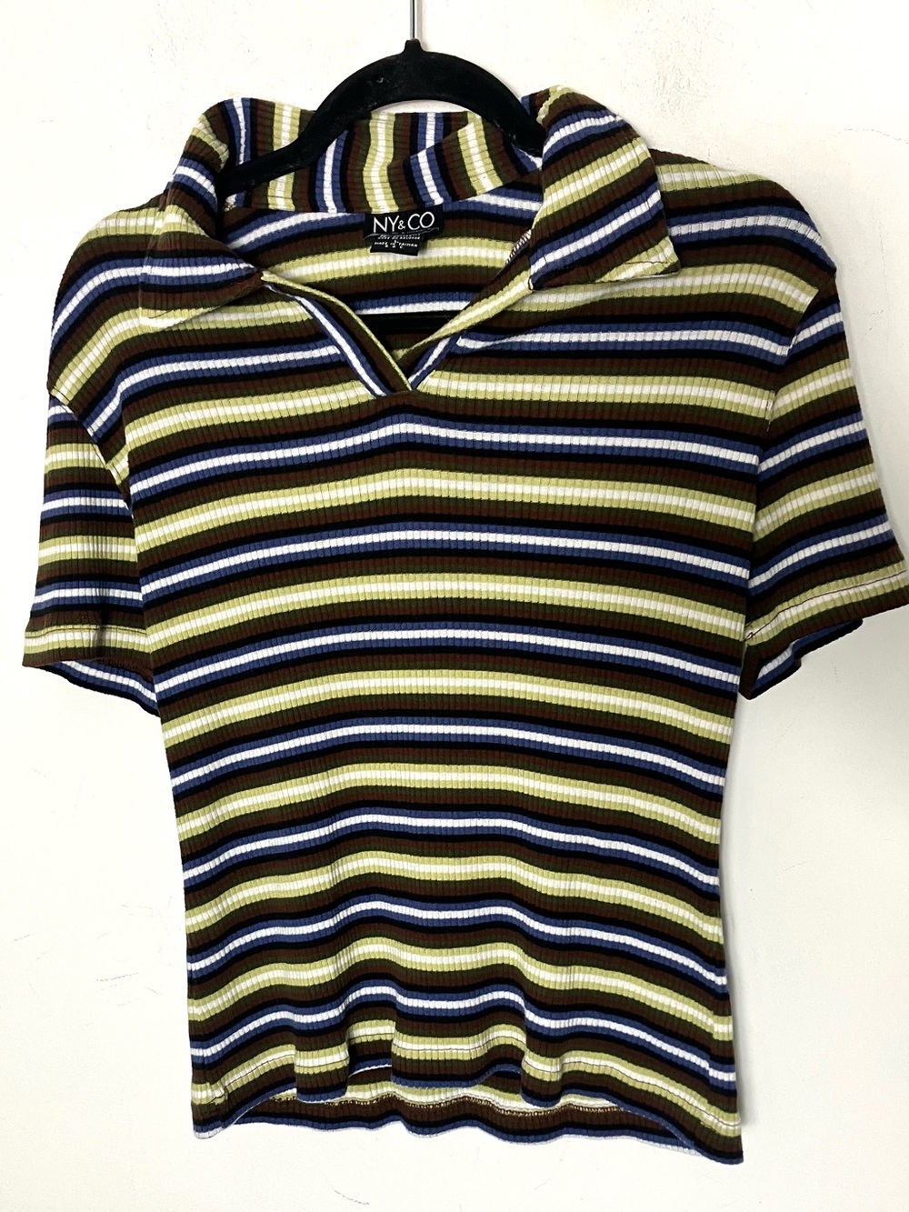 Vintage 90s Ny And Co Johnny Collar Ribbed Striped Top Large